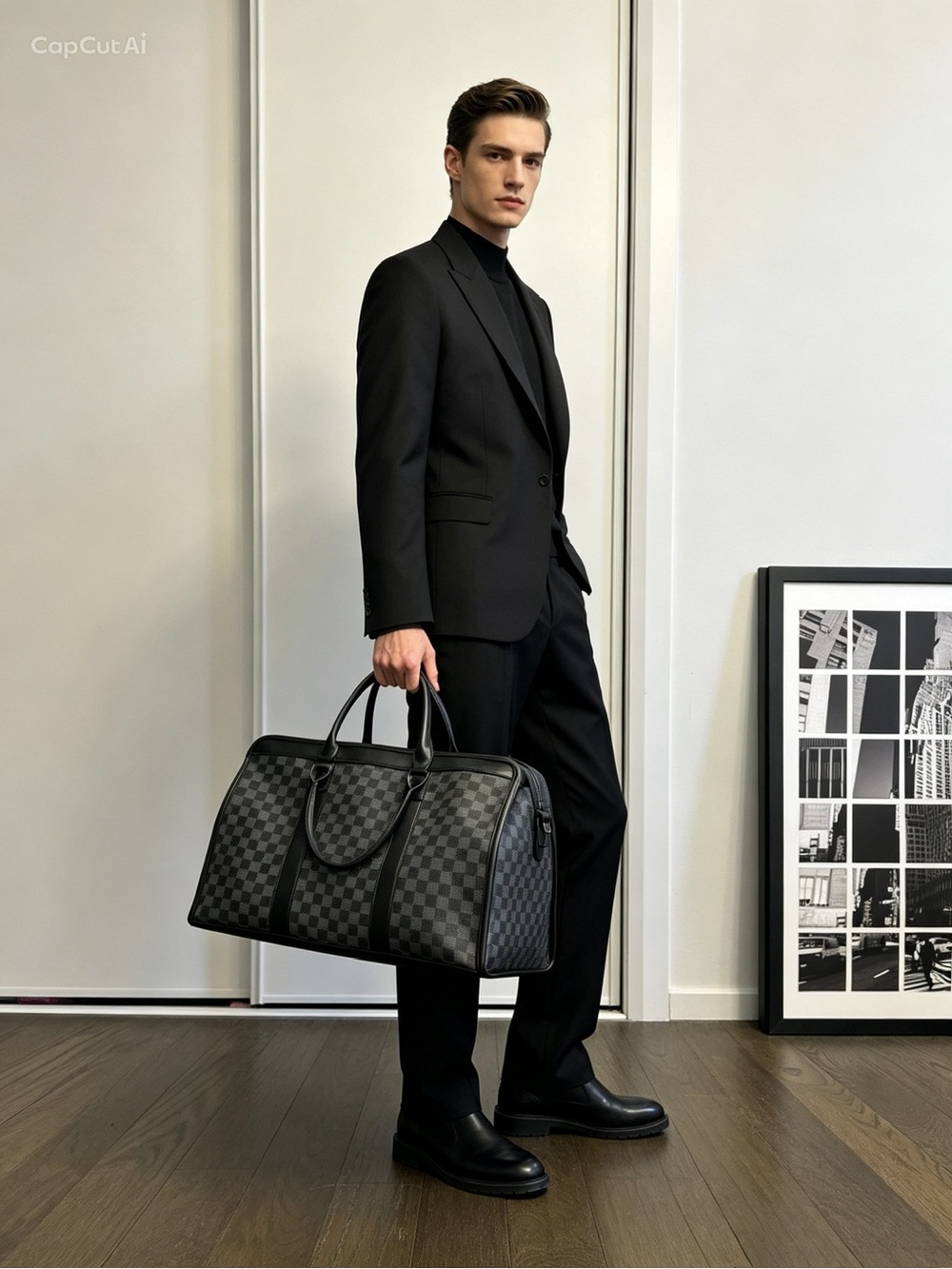 Checker Travel Leather Duffel Bag - Black and grey